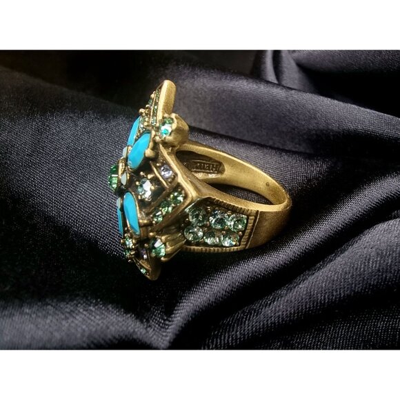 Heidi Daus Gold-Tone Statement Ring Blue & Green Crystal Floral Design - Picture 4 of 5